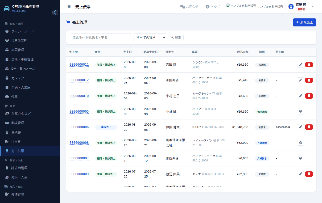 売上伝票の一覧。「請求」の欄で 未請求/都度請求/月締請求 が分かります。請求済の伝票は右端の目のマークで「売上詳細」を開きます