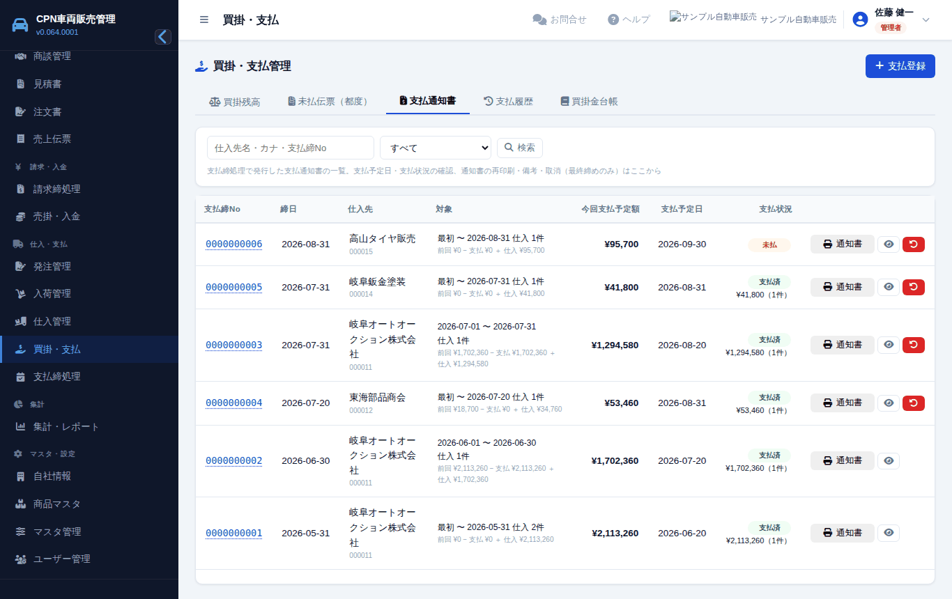 「支払通知書」タブ。支払締処理で出した通知書ごとに、支払予定日と払ったかどうかが分かります