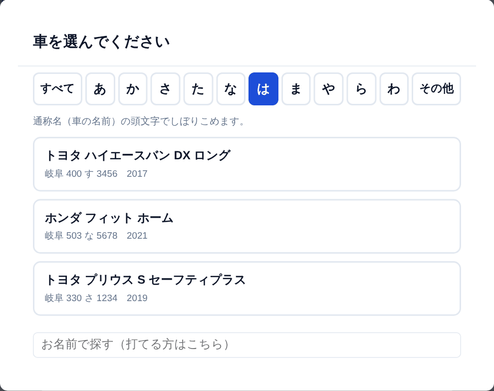 車の一覧も同じです。通称名の頭文字で分かれます
