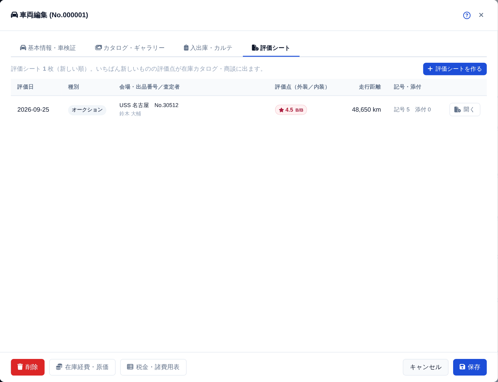 車両の「評価シート」タブ。その車の評価シートが新しい順に並びます