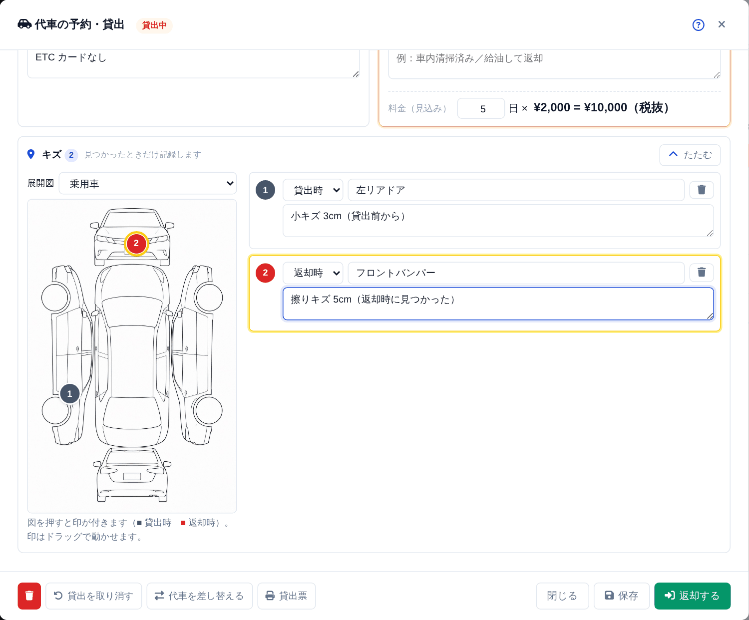 キズの記録。灰色の印が貸出時、赤い印が返却時に見つかったキズです